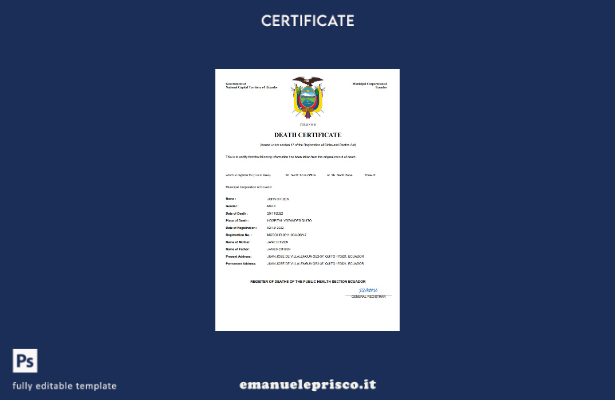certificato di morte del documento di stato civile dell'Ecuador in stile verific